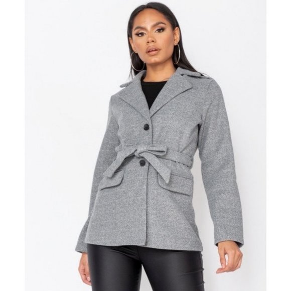 Jackets & Blazers - Gray Wool Blend Long Sleeve Belted Jacket